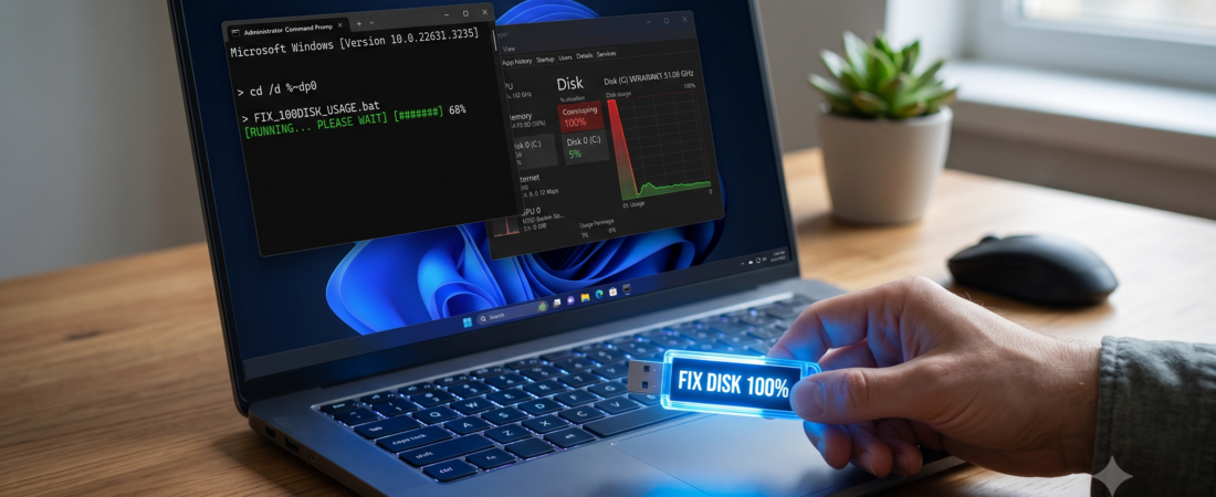 How to Fix 100% Disk Usage in Windows 11 with 1-Click Batch File.