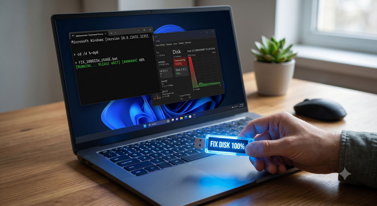 How to Fix 100% Disk Usage in Windows 11 with 1-Click Batch File.
